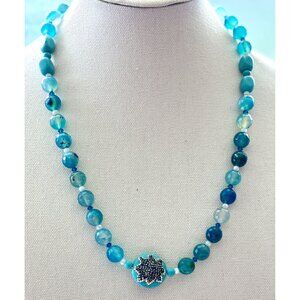 Faceted Blue Agate Beaded Necklace With Rhinestone Clasp & Centerpiece